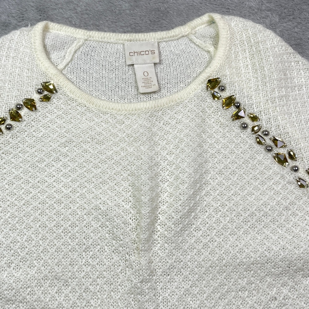 Chico's Tunic Sweater Ivory‎ Embellished Lace Trim Knit Top Women's Size 0